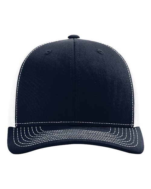 Navy trucker cap with white-stitched brim and navy front panel
