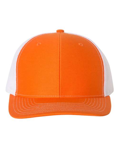 Orange baseball cap with white mesh sides and stitched curved brim