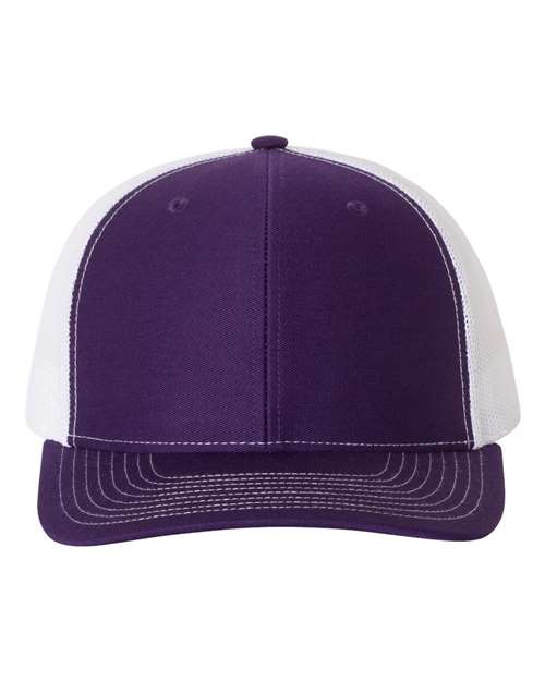 Purple baseball cap with white mesh sides and stitched curved brim