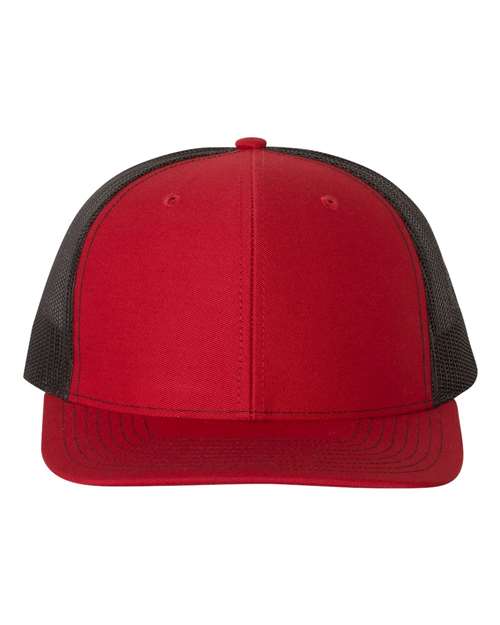 Red baseball cap with black mesh sides and stitched curved brim