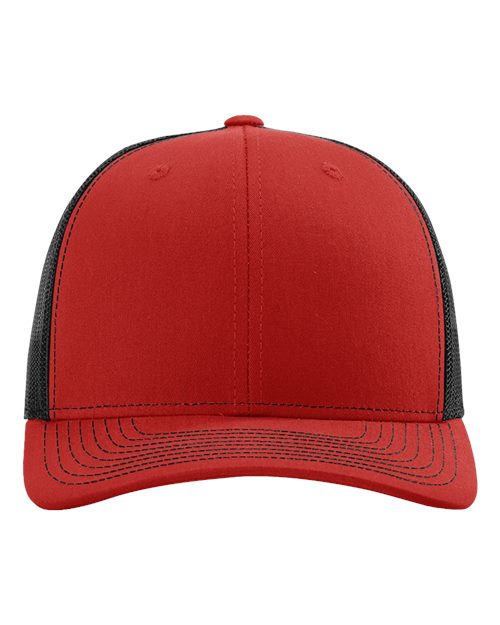 Red baseball cap with black side panels and curved brim, stitched crown seams and button top