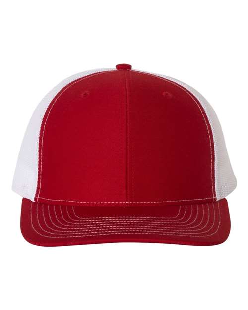 Trucker cap with red front panels and white mesh sides, red curved brim