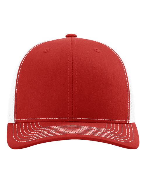 Red baseball cap with white contrast brim, stitched 6-panel crown and button top