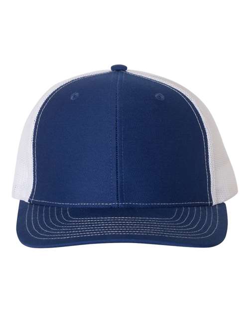 Trucker cap with navy front panels, white mesh sides, and navy curved brim