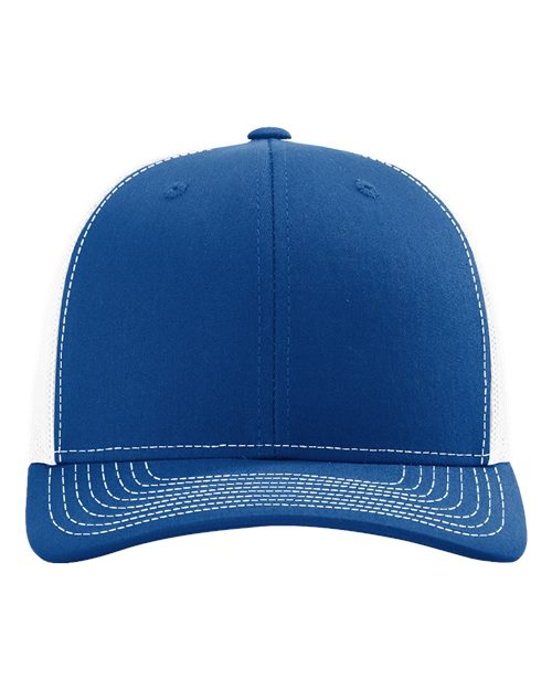 Blue baseball cap with light gray contrast brim, stitched 6-panel crown and button top