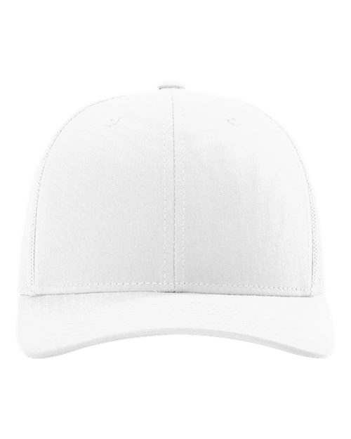 Richardson 112 baseball cap in solid white with curved brim and top button.