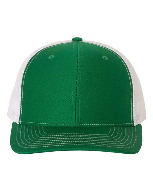 Richardson 112 trucker cap, green front with white mesh back and curved brim