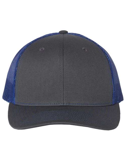 Baseball cap with dark gray crown, royal blue mesh sides, and curved brim.
