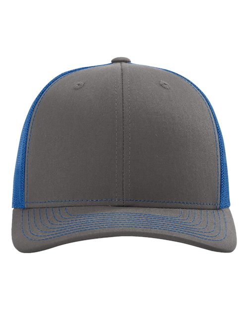 Baseball cap in dark gray with royal blue side panels and blue striped brim detail