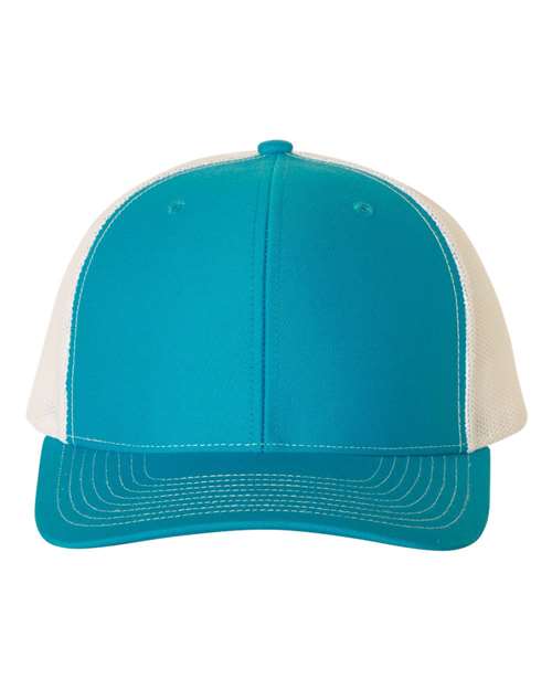 Teal trucker cap with white mesh sides and teal front and brim
