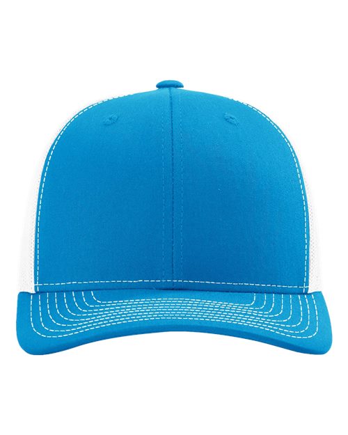 Richardson 112 cap in bright blue with dark contrast brim and white edge stitching