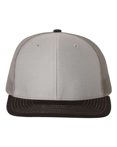 Two-tone trucker hat with light gray front and gray mesh panels, dark curved brim