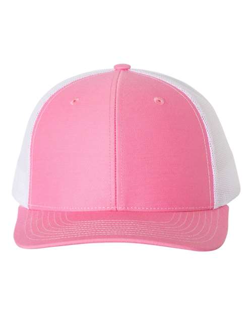 Baseball cap with light pink crown, white mesh sides, and curved brim.