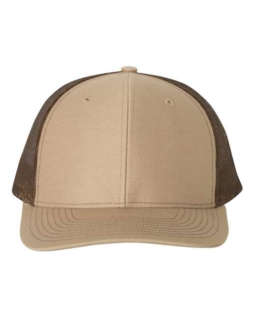 Richardson 112 trucker cap, tan front with brown mesh sides and curved brim