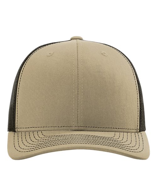 Baseball cap in tan-beige with black side panels and tan contrast stitching