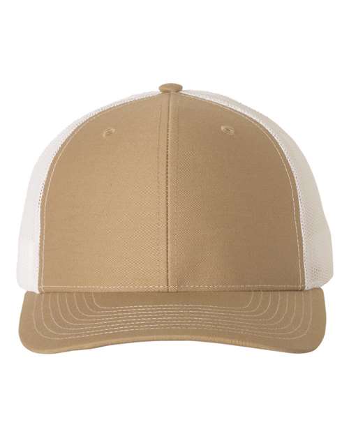 Richardson 112 trucker cap, tan front with white mesh sides and curved brim