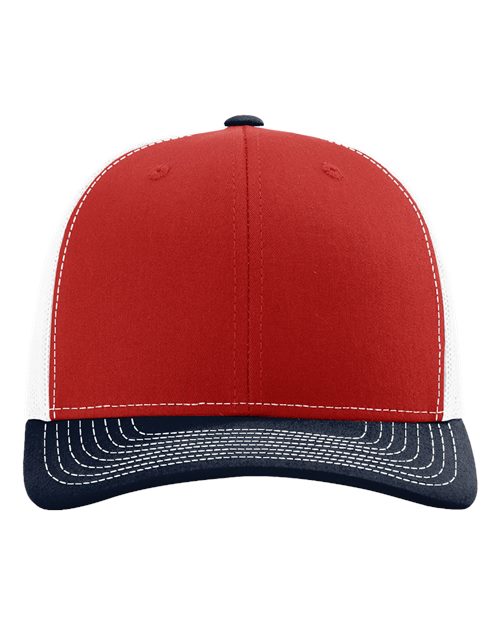 Red baseball cap with dark navy contrast brim, stitched crown seams and button top