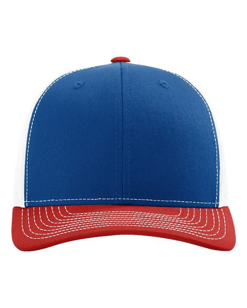 Richardson 112 baseball cap with blue crown and red curved brim, red top button.