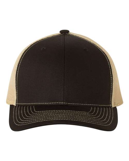 Two-tone trucker cap with black front panels and beige mesh sides