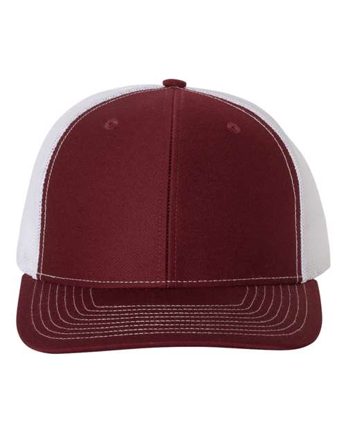 Maroon baseball cap with white mesh back and maroon stitched curved brim.