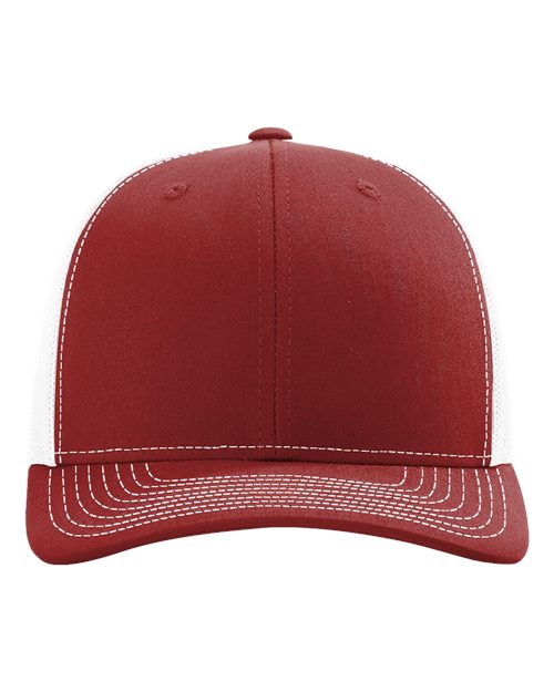 Two-tone baseball cap with red crown, tan mesh panels, and curved brim