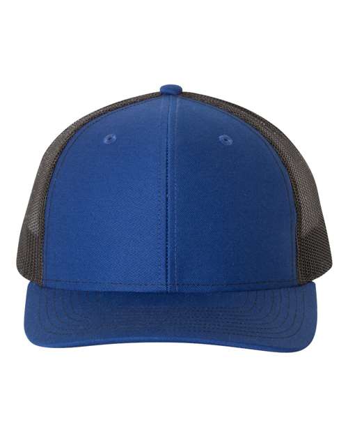Trucker cap with blue front, black mesh back, and blue curved brim