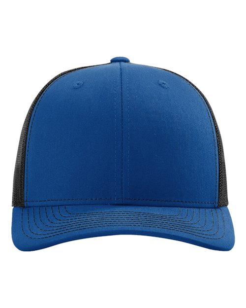 Blue baseball cap with black side panels and brim, stitched crown seams and button top