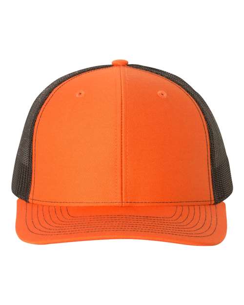 Orange baseball cap with black mesh sides and stitched curved brim