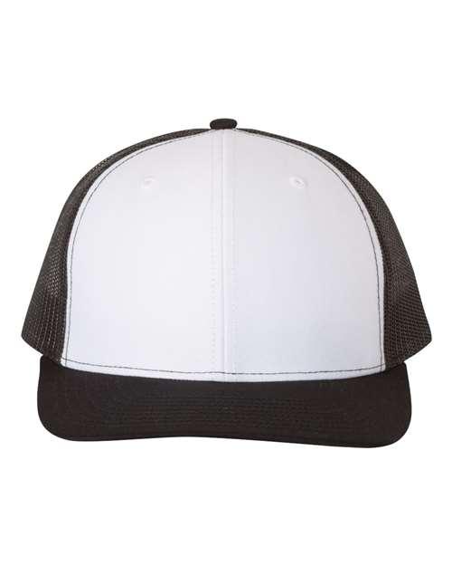 Two-tone baseball cap with white front, black mesh sides, and curved brim