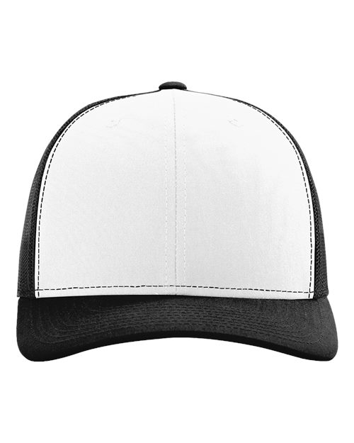 Richardson 112 baseball cap with white front panels and black curved brim.