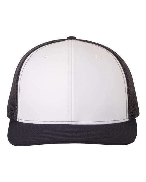 Two-tone baseball cap with white crown, black mesh sides, and dark curved brim