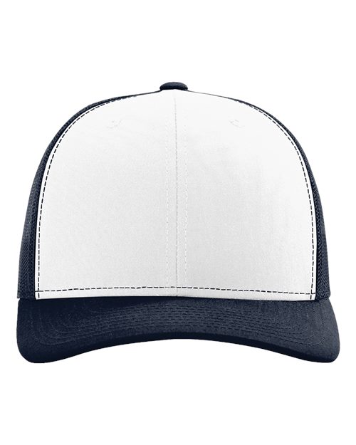 Richardson 112 5-panel baseball cap, white crown with dark navy brim and side panels.