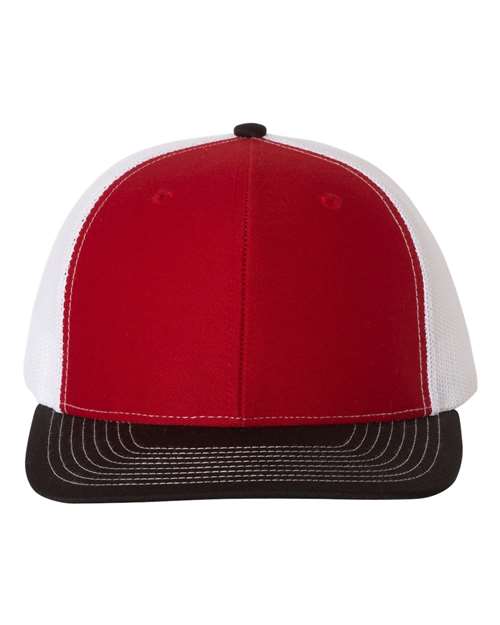 Trucker cap with red front panels, black mesh sides, and black curved brim