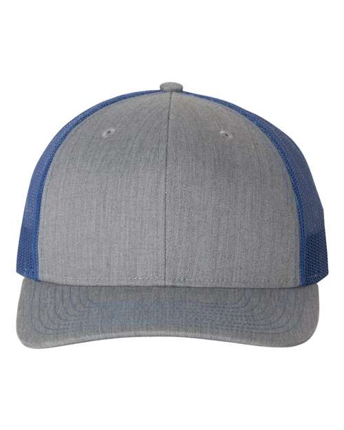 Gray baseball cap with blue mesh sides and stitched curved brim
