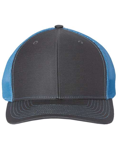 Dark gray baseball cap with bright blue mesh back and dark stitched curved brim.