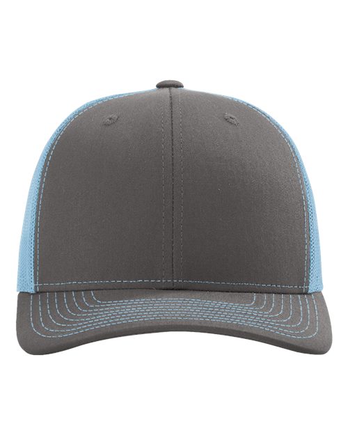 Two-tone baseball cap with gray crown, light blue side panels, and curved brim