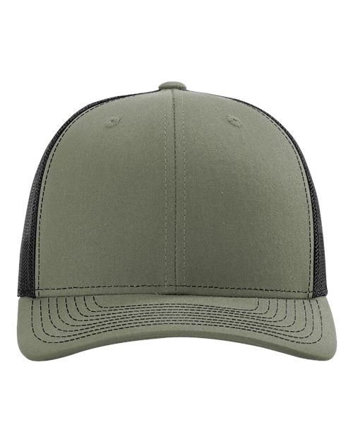 Richardson 112 trucker cap, olive green front with curved brim and mesh side panels