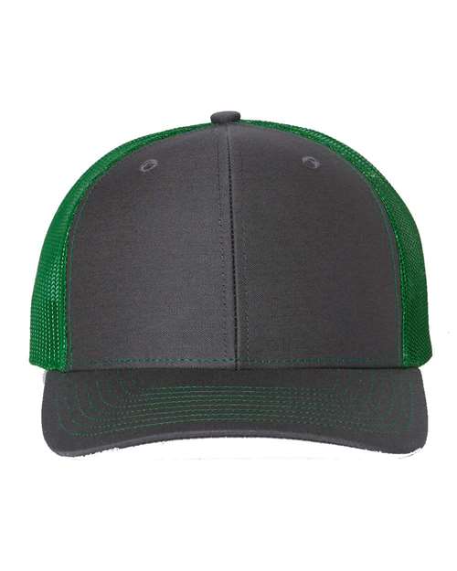 Charcoal baseball cap with green mesh back and dark stitched curved brim.