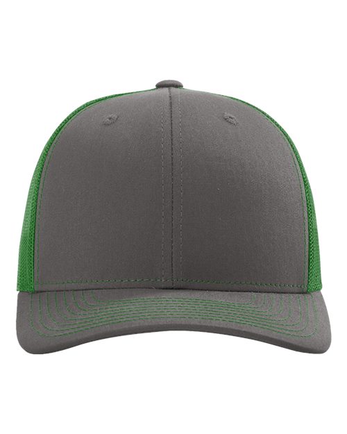 Two-tone baseball cap with dark gray crown, green side panels, and curved brim