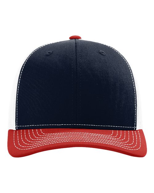 Navy and red trucker cap with red brim and white-stitched panels