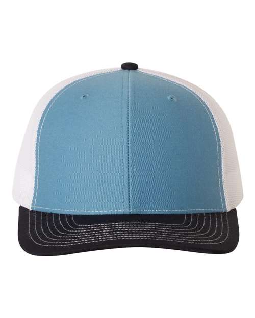 Light blue and black trucker cap with white mesh sides and black brim
