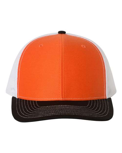 Orange baseball cap with white mesh sides and dark curved brim