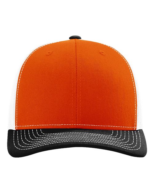 Orange baseball cap with black underbrim and white piping, stitched crown eyelets.