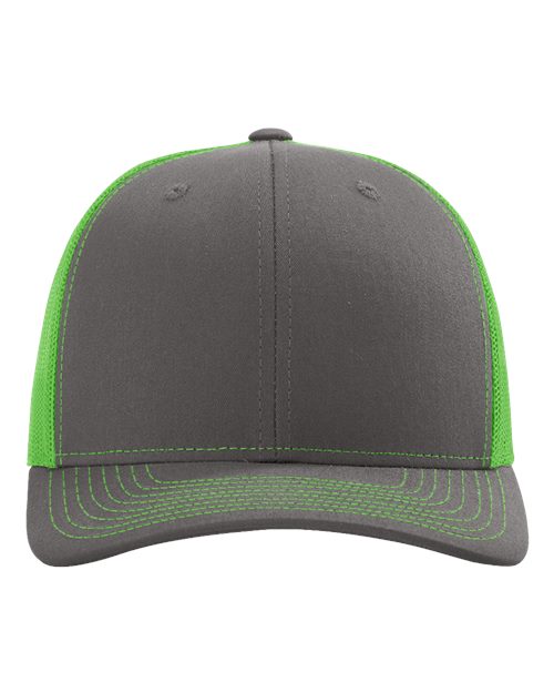 Baseball cap in dark gray with neon green side panels and neon green striped brim