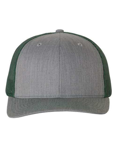Two-tone trucker hat with gray front, dark green mesh sides, and gray curved brim