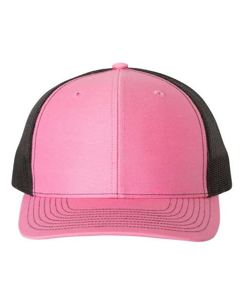 Baseball cap with pink crown, black mesh sides, and curved brim.