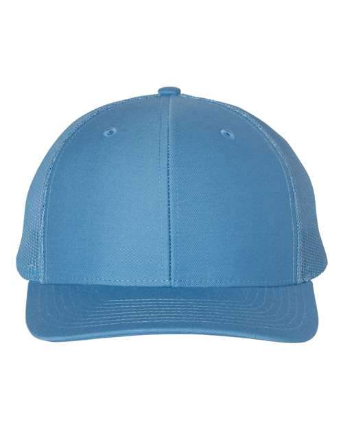 Baseball cap with blue crown, matching blue mesh sides, and curved brim.
