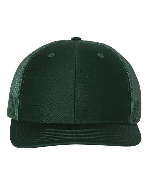 Dark green trucker cap with matching green mesh sides and dark green brim