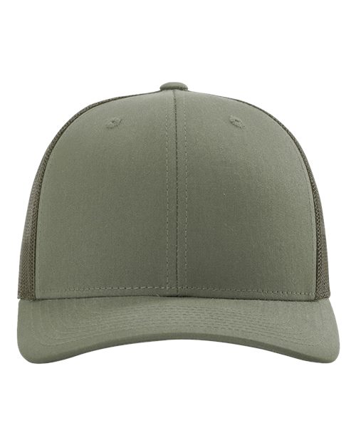 Richardson 112 trucker cap, olive green front with matching brim and top button