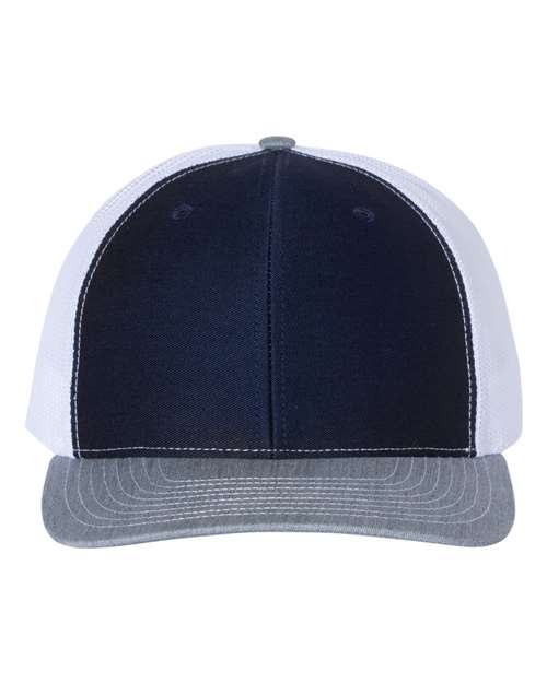 Navy and white trucker cap with grey brim; white mesh side panels